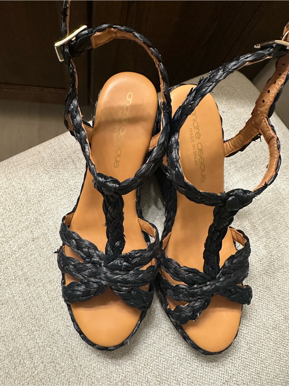 Andre Assous Medina Black Braided Leather Slingback Sandals NEVER WORN. Size 38